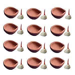 Reborn Pack of 12 Hand Made Mitti Clay Diya & Bati Traditional Diwali Dipawali Festivals Decoration Lamp Deepak for Pooja.