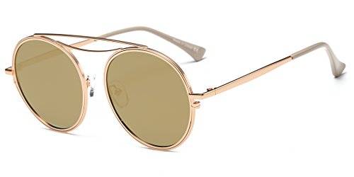 Cramilo CA10K Mirrored Polarized Lens Vintage Round Sunglasses (Matte Gold/Amber, 54)