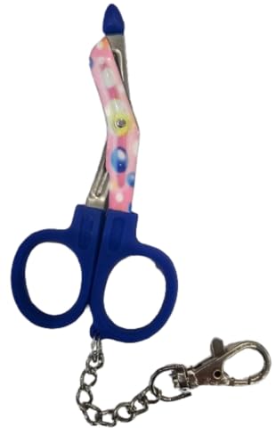 Novelty Nurse Mini Utility Scissors with Clip and Chain - Blue Handle with Pink Bubble Design Blades