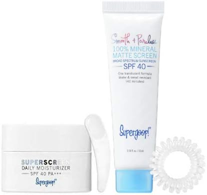 Supergooop! Smooth + Poreless 100% Mineral Matte Screen Sunscreen SPF 40 & Superscreen Daily Moisturizer SPF 40 Travel Size, 2 Piece Set (Free Facial Spatula & Spiral Hair Tie Included)