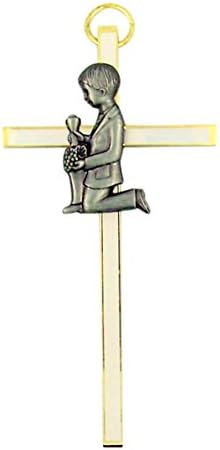 First Communion Brass and White Enamel Wall Cross with Pewter Praying Boy, 4 Inch
