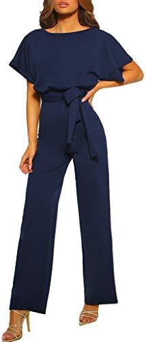 Zainafacai Women Jumpsuit Rompers,Short Sleeve Playsuit Clubwear Wide Leg Jumpsuit with Belt
