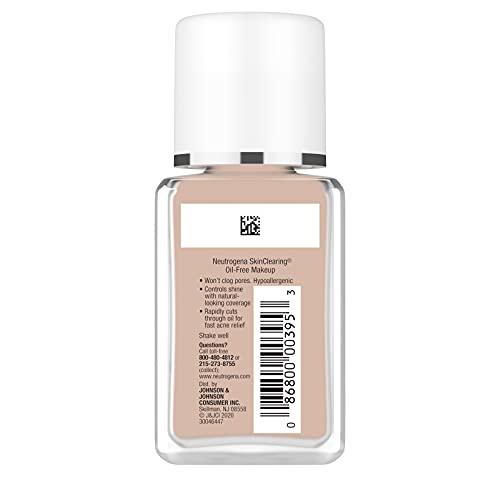 NEUTROGENA SKINCLEARING OIL-FREE ACNE AND BLEMISH FIGHTING LIQUID FOUNDATION WITH.5% SALICYLIC ACID ACNE MEDICINE, SHINE CONTROLLING MAKEUP FOR ACNE PRONE SKIN, 20 NATURAL IVORY, 1 FL. OZ