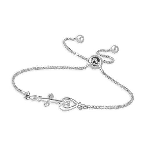 LeCalla 925 Sterling Silver Jewelry Heart with Cross Adjustable Bolo Bracelet for Women