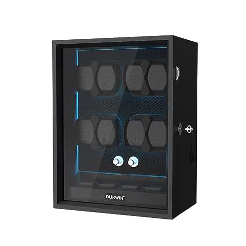 DUKWIN Watch Winder for 4/6/8/12 Automatic Watches, Lockable Automatic Winders with Extra 4/6 Watch Storages, 4 Rotation Modes, Quiet Mabuchi Motor, Sfot Watch Pillows and Blue Backlight