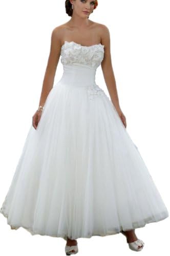Albizia Women's Strapless Pleated Tea Length Floral Lace Wedding Dresses for Bride(4,Ivory)