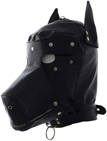 Unisex hooded dog head hood with traction chain role playing mask mask adjustable (black)