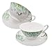 FINECASA 6.8 Oz Bone China Teacup with Saucer Green Peony Coffee Cup Set of 2