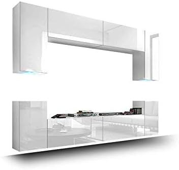 FUTURE 1 Wall Console Unit, Premium Entertainment Package, High Gloss / Mat, TV Stand, Modern Display Units, Brand New Suite, Many Colours (RGB LED Lighting Available) (White MAT base / White HG front, Blue LED)