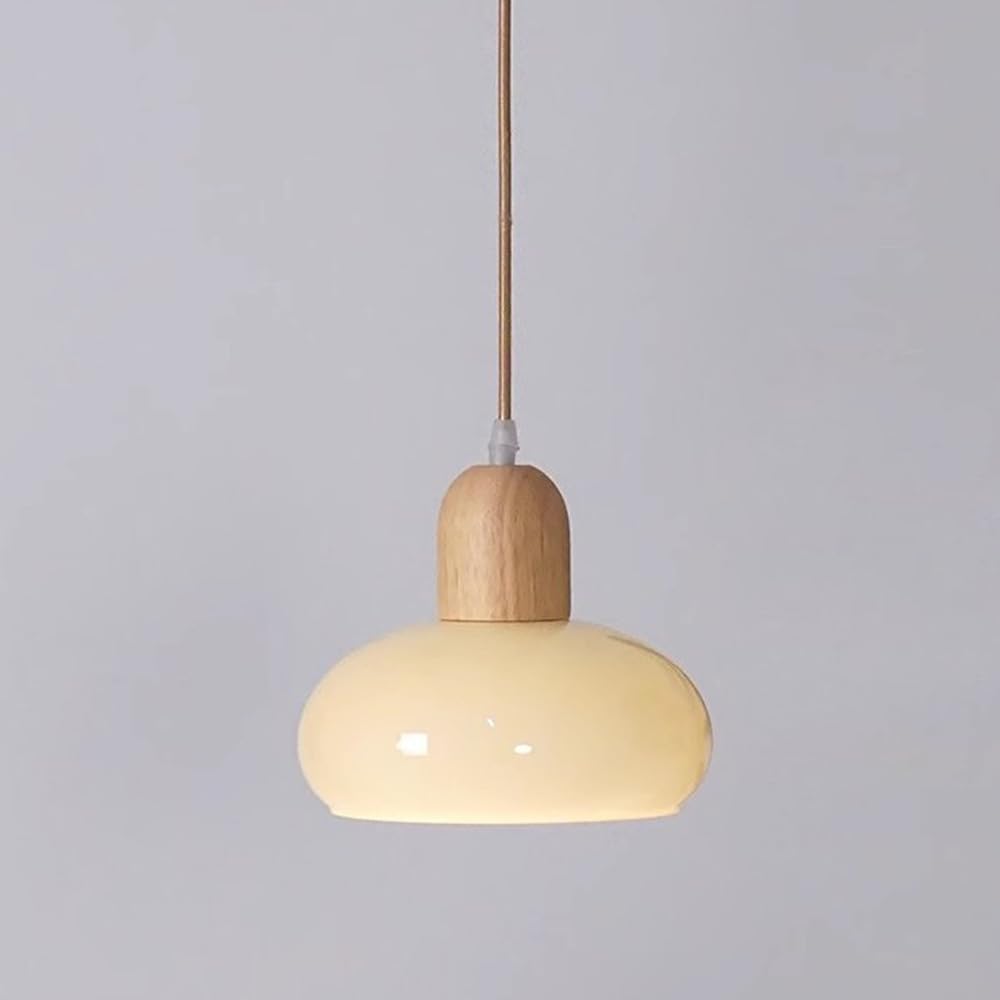 Photo 1 of PIPI HARE Glass Dome Pendant Light Cream Glass Hanging Ceiling Lamp Kitchen Island Pendant Lighting, Modern Wood Suspended Lights for Dining Table Bedroom Living Room Restaurant 7.87? Pendant Lamps
