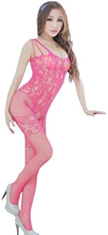 Women Floral Printed Open Crotch Lingerie Set, Fashion Women's Sexy Muslin Body stockings Body suits-Whillows (Free Size, Hot Pink)