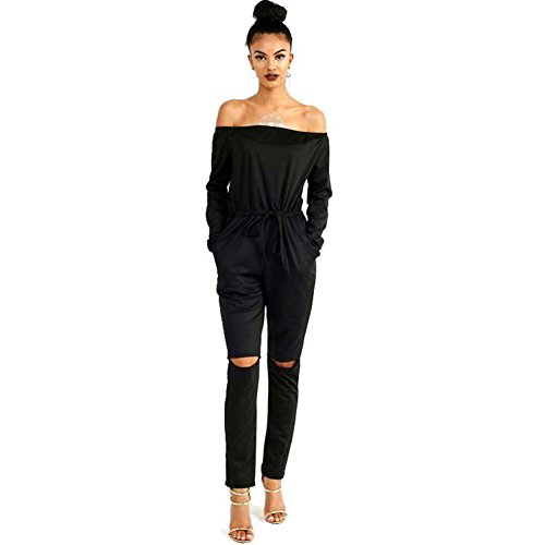 ALAIX Women's off-Shoulder Bodycon Knee Hole Pants Party Club Jumpsuits Rompers-Black-L
