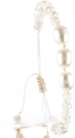 Parisian Chic Bracelet Iridescent Glass Bead Pearl Adjustable Double Tassel Knotted Yarn Diameter Beige