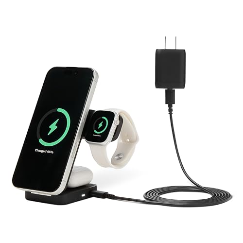 Amazon Basics 25W Qi2.2認定スリーインワンワイヤレス充電ステーション、MagSafe互換折りたたみスタンド、iPhone 17/16/15/14/13/12、Apple Watch、AirPods用、45Wアダプター付き、ブラック