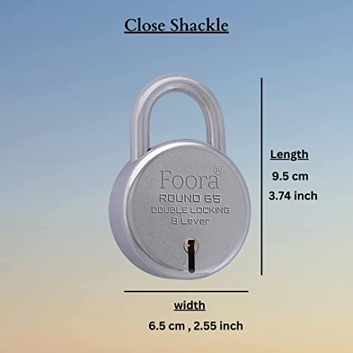Foora Lock and Keys, Door Lock for Home, Round 65mm Padlock Pack of 2 with 5 Keys Each, 8 Lever Heavy Duty Double Locking System for Gate, Shutter, Main Door, Silver Finish. 3