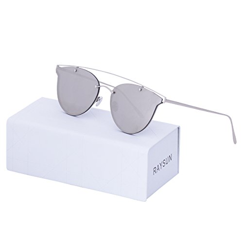 RAYSUN Women Cat Eye Transparent Sunglasses Rimless Metal Frame Flat Frameless Fashion Trendy Cute Youth Glasses (Silver)