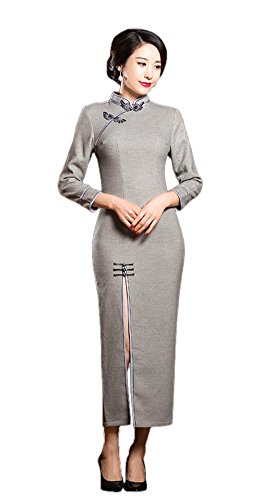 Angcoco Women's 3/4 Sleeve Elegant Side Slit Retro Maxi Cheongsam Dress QiPao