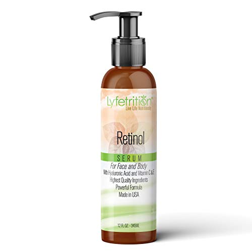 Lyeftrition Retinol Serum &ndash; 12oz Large Bottle - 100% Natural Anti-Aging Face Serum with Hyaluronic Acid, Vitamin C &amp; E - Facial Moisturizer &amp; Brightening Serum for Acne, Wrinkles &amp; Fine Lines