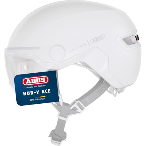 ABUS Stadthelm HUD-Y ACE - stylischer Fahrradhelm mit Visier und magnetischem, aufladbarem LED-Rücklicht - für Damen und Herren - Pure White, Größe M