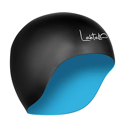 Swim Cap Reversible 3D - Swimming Cap Women Men - Silicone Swim Cap Waterproof- Best for Short and Medium Long Hair - Adult Swim Cap - Youth Swim Cap - Swim Hats (Black & Aqua Blue)