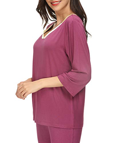 Invug Women 3/4 Long Sleeve Shirt Pants Set Sleepwear V Neck Long Pajamas Loungewear Dark Rose S - Thumbnail 6