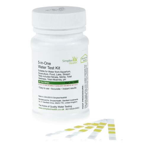 Home Water Test Kit 5-in-One (25 Strips) - Drinking Water, ponds, aquariums by Simplex Health. Test in seconds for Nitrates & Nitrites, Total Hardness, Total Alkalinity and pH