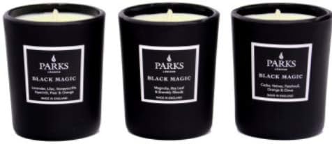 Parks Aromatherapy BLACK MAGIC 3 x 8.5cl Candles Mini Gift Set (including Magnolia, Orange & Clove, Patchouli) - CELLOPHANE GIFT WRAPPED