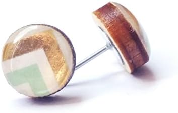 Mint white and metallic gold chevron print wooden stud earrings surgical steel post