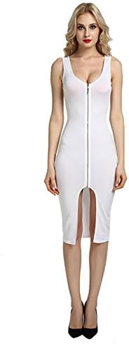 Women's Sexy Elegant Bodycon Midi Dress Sleeveless Zipper Front Slit Knee Long Club Party Dresses (XL, White)