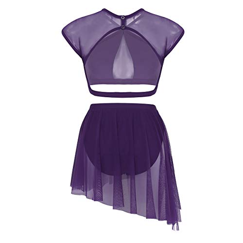 inhzoy Women's 2 Pieces Sheer Mesh Asymmetric Contemporary Dancewear Crop Tops with Short Skirt Set Purple X-Large