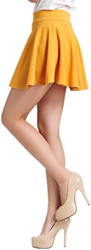 ViviClo Women’s High Waist Solid Versatile Stretchy Pleated Flared Skater skirt with safety shorts (Yellow)
