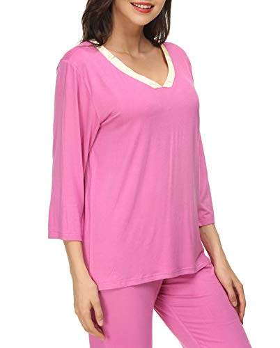 Invug Women 3/4 Long Sleeve Shirt Pants Set Sleepwear V Neck Long Pajamas Loungewear ROSEO S