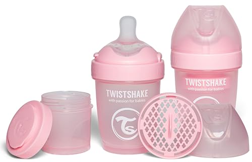 Twistshake 2x Pro Double Anti-Kolik Babyflasche mit Milchpulverbehälter und Mixer - 180 ml | Langsam Fließende, Brustähnliche Brustwarze aus Silikon | BPA-freie | Geeignet für Neugeborene (0+) | Rosa