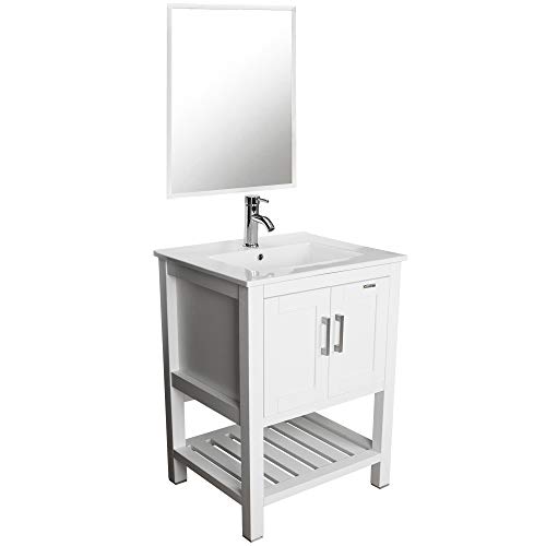 U-Eway White Bathroom Vanity Sink Mirror Rechtangle Ceramic Sink Drop In With Overflow 24"Lx20"D Eco-friendly Wood White, With Chrome Faucet And Pop Up Drain Combo