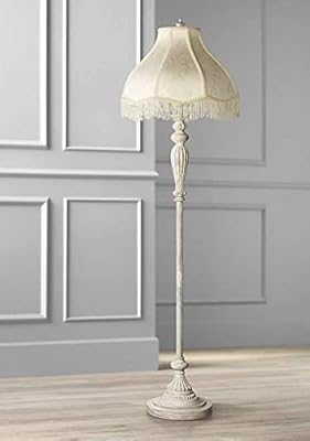 Vintage Shabby Chic Floor Lamp Antique White Cream Scallop Fabric