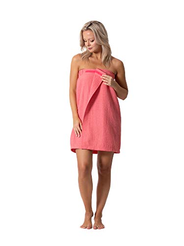 Turkish Linen Women's Waffle Spa Body Wrap with Adjustable Closure (One Size, Coral)