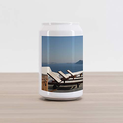 Lunarable Travel Cola Can Shape Piggy Bank, Sunlounger at Terrace in Santorini Greece Resort Relaxation Aegean Print, Ceramic Cola Shaped Coin Box Money Bank for Cash Saving, Pale Blue White Brown