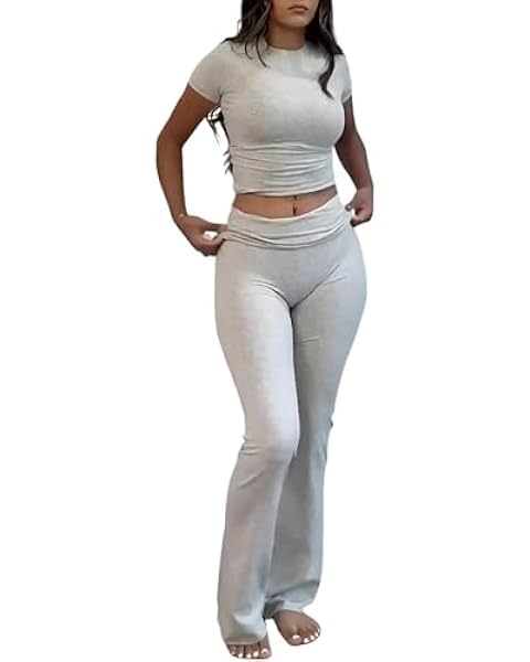 COPYLEAF Two Piece Lounge Sets for Women Fold Over Flare Pants Short Sleeve Crop Top Y2k Outfits Matching Set Tracksuit(Light Grey S)
