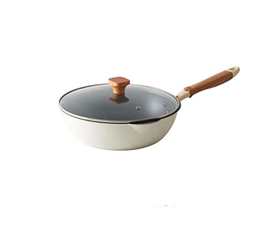 28CM white maifan stone non-stick pan with lid household frying pan with wok Japanese style small wok induction cooker gas stove general(Size: 11 inches long x 3.3 inches high)