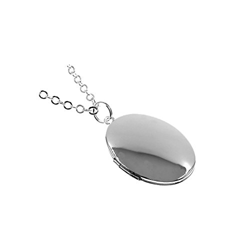 Silver Simple Oval Photo Locket Pendant Charm Necklace Long 27''