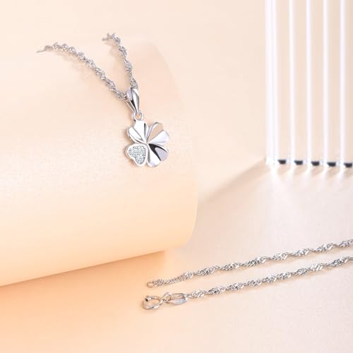feilok Women's Necklace with Clover Leaf Cubic Zirconia Four Leaf Lucky Charm Pendant Made of 925 Sterling Silver Necklace for Women Girls