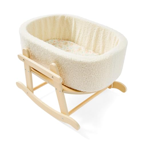Wooden Baby Doll Crib, Baby Doll Bed Toys for Cat Dog, Wooden Boucle Bassinet for Dolls Up to 16 Inch, Doll Accessories with Mattress and Bassinet, Gift for Boys & Girls
