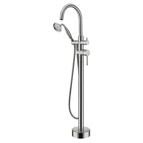 Wowkk Tub Filler Freestanding Bathtub Faucet Brushed Nickel Floor Mounted Brass Bathroom Tub