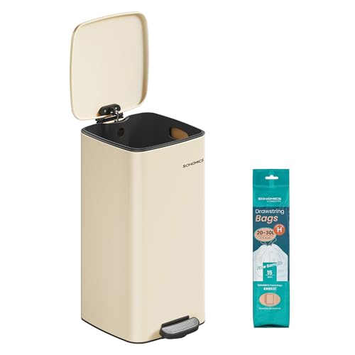 SONGMICS Kitchen Bin, 8-Gallon (30 L) Trash Bin, Stainless Steel Pedal Bin, with Inner Bucket, Soft Close and Stays Open, Sand Beige LTB593A02