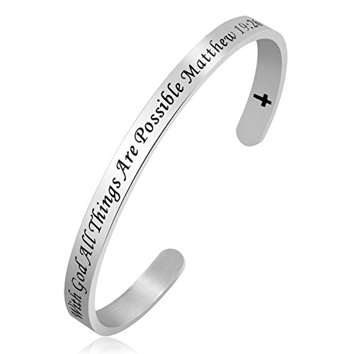 JewelryJo ~ with God All Things are Possible - Matthew 19:26 ~ Christian Cross Holy Bible Cuff Bangle Bracelet Women Gifts