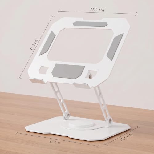 Suporte para Notebook e Laptop de até 17" MTS, Tablets e Celulares, Aço Carbono, Ajustável, Dobrável, Base Giratória 360° e Aberto para Ventilação, Suporta até 10kgs, Ergonômico Portátil (Branco)