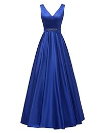 RJOAM-Vestido de fiesta de una línea de cuello en V con cordones en la espalda sin mangas largo con cuentas vestido formal de noche con bolsillos