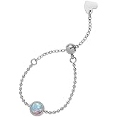 Round Opal Chain Link Statement Adjustable Ring Stainless Steel Birthstone Beaded Ball Stacking Knuckle Tail Finger Rings Love Heart Tassel Dangling Charm Bands Fashion Wedding Engagement Jewelry Gifts for Women Daughter