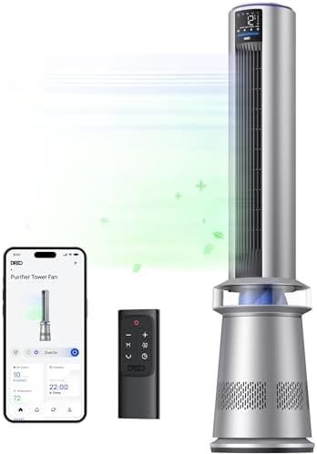 Dreo MC710S Air Purifier Tower Fan, 45" 2-in-1 Smart Fan for Bedroom, 27ft/s Velocity, 120°Oscillation, 24H Timer Bladeless Fans for Home, 25dB Low Noise, Standing Fan Works with Alexa, Silver Blue