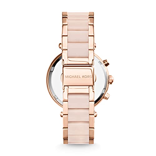 - Reloj Parker cronógrafo de Cuarzo con Correa de Acero Inoxidable en Tono Oro Rosa con eslabones centrales de Acetato ruborizado para Mujer MK5896